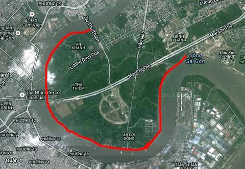 Bán đảo Thủ Thiêm được bao quanh bởi sông Sài Gòn. Ảnh:Google maps ban-dao-9208-1396859009.jpg
