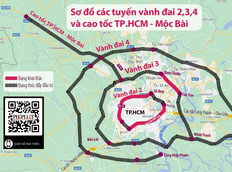 Sơ đồ tuyến vành đai 3 TP.HCM. Đồ hoạ: HỒ TRANG. Sơ đồ tuyến vành đai 3 TP.HCM. Đồ hoạ: HỒ TRANG.