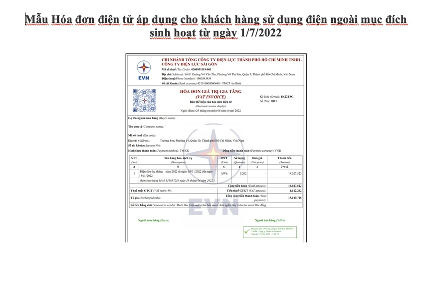 Mẫu Hóa đơn điện tử áp dụng cho khách hàng sử dụng điện ngoài mục đích sinh hoạt từ ngày 1-7. Mẫu Hóa đơn điện tử áp dụng cho khách hàng sử dụng điện ngoài mục đích sinh hoạt từ ngày 1-7.