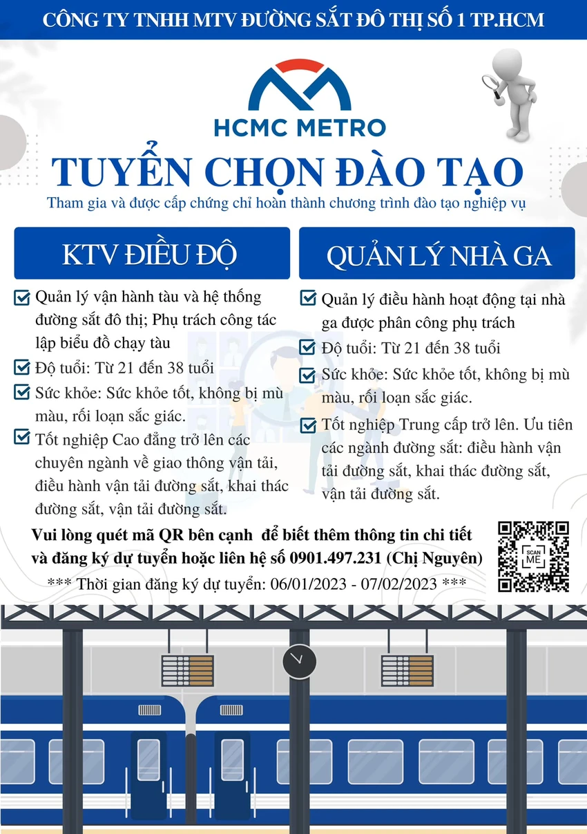 Công ty TNHH MTV Đường sắt đô thị số 1 tuyển chọn nhiều vị trí vận hành tuyến metro số 1. Công ty TNHH MTV Đường sắt đô thị số 1 tuyển chọn nhiều vị trí vận hành tuyến metro số 1.