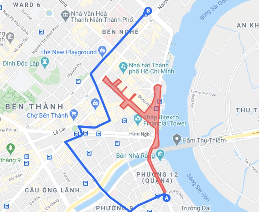 Khu vực các tuyến đường bị cấm lưu thông (màu đỏ). Ảnh: Sở GTVT TP.HCM