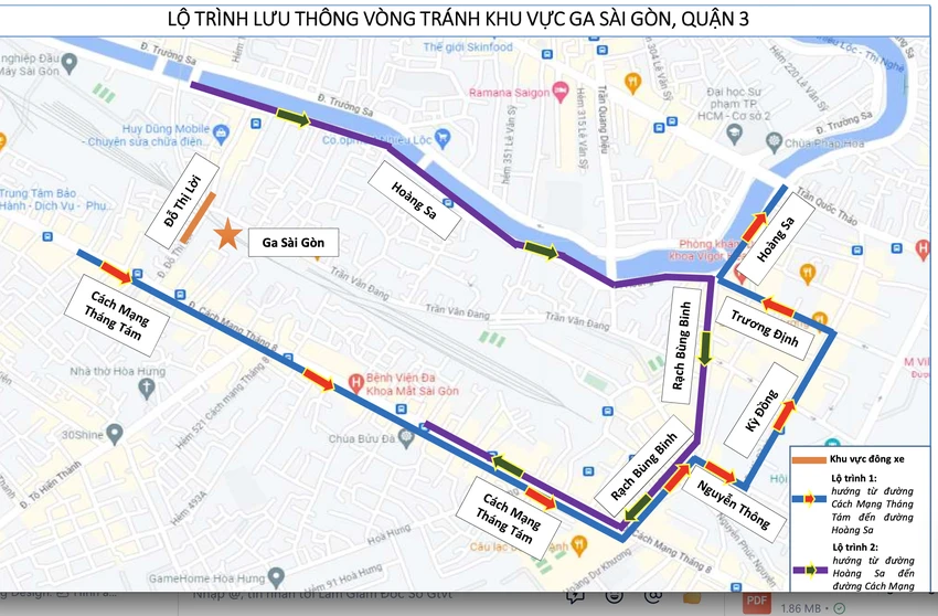 Lộ trình đi lại khu vực ga Sài Gòn, quận 3. Ảnh: Sở GTVT TP.HCM Lộ trình đi lại khu vực ga Sài Gòn, quận 3. Ảnh: Sở GTVT TP.HCM