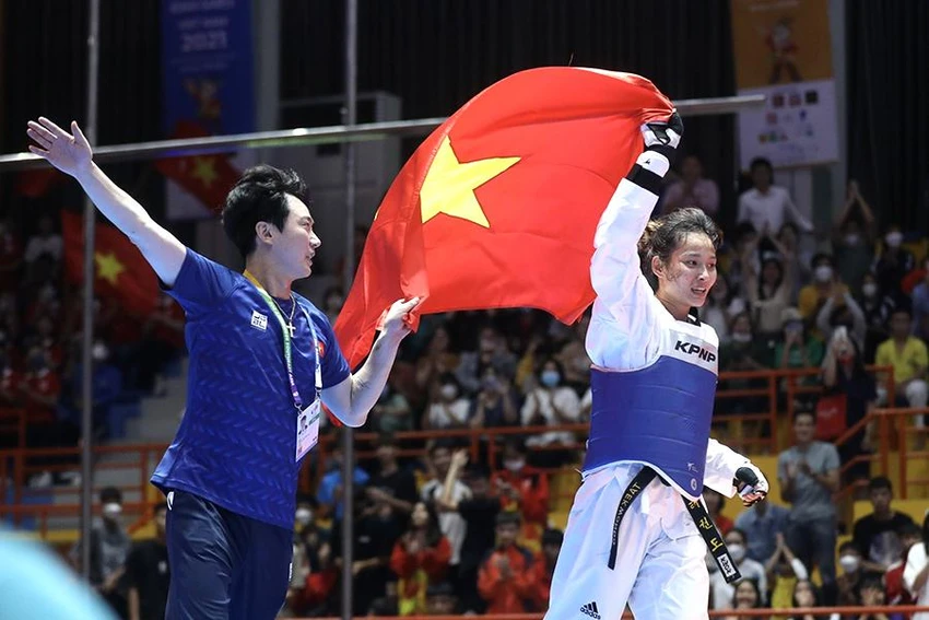 Nguyễn Thị Hương - một trong những vận động viên nữ của Thanh Hóa giành huy chương vàng tại SEA Games 31 hạng 73 kg đối kháng nữ Taekwondo. Ảnh: NCCC
