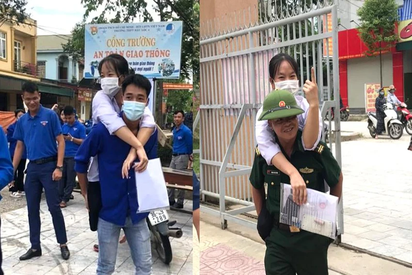 Nguyễn Thị Thùy - học sinh lớp 12A3 được cán bộ chiến sĩ biên phòng và tình nguyện viên cõng đến địa điểm thi tại Trường THPH Hậu Lộc 4. Ảnh: H.D Nguyễn Thị Thùy - học sinh lớp 12A3 được cán bộ chiến sĩ biên phòng và tình nguyện viên cõng đến địa điểm thi tại Trường THPH Hậu Lộc 4. Ảnh: H.D