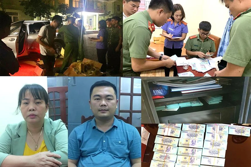 Quách Thị Huyền và chồng là Lê Quốc Bảo tại cơ quan công an và tang vật vụ án. Ảnh: Công an cung cấp Quách Thị Huyền và chồng là Lê Quốc Bảo tại cơ quan công an và tang vật vụ án. Ảnh: Công an cung cấp