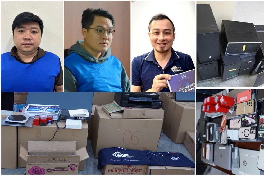 Các đối tượng Nguyễn Băng Thảo, Nguyễn Duy Thịnh, Hà Tuấn Dũng (từ trái qua phải) và tang vật liên quan đến chuyên án. Ảnh: Đ.H Đánh sập “hệ sinh thái công nghệ triệu đô”, Xintel lừa đảo hơn 42.000 nạn nhân-.jpg