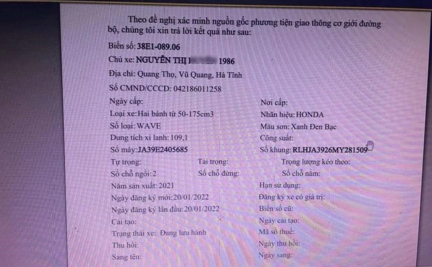 Thông tin tra cứu biển số xe để lại trên cầu. Ảnh: CA Thông tin tra cứu biển số xe để lại trên cầu. Ảnh: CA