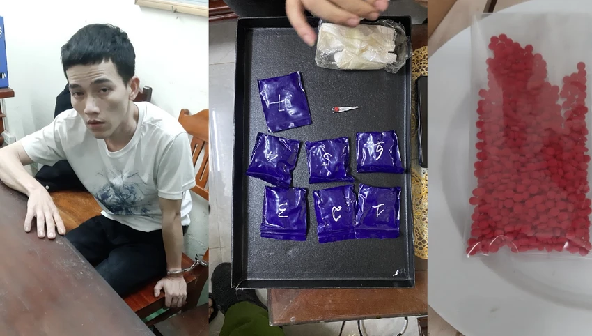 Nguyễn Đình Sáng cùng số ma túy gồm 1.218 viên ma túy tổng hợp dạng hồng phiến thu giữ tại nhà riêng. Ảnh: TRẦN TUẤN