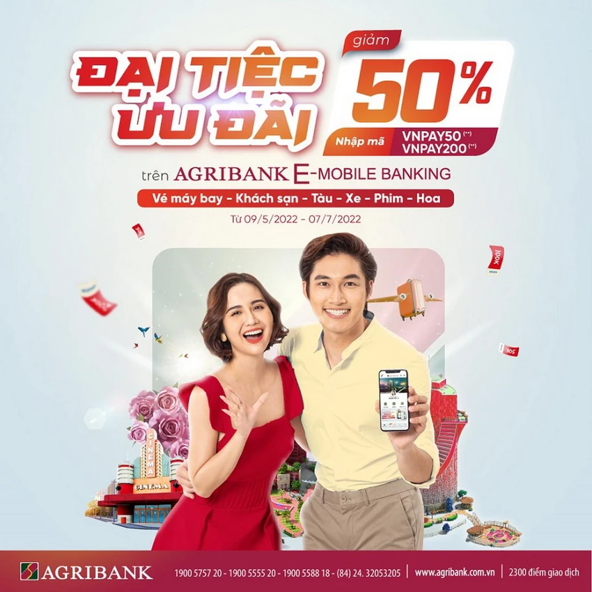 Combo ưu đãi cực lớn giảm ngay 50% khi đặt vé máy bay, khách sạn, tàu, xe, vé xem phim, hoa trên ứng dụng ngân hàng Agribank E-Mobile Banking.