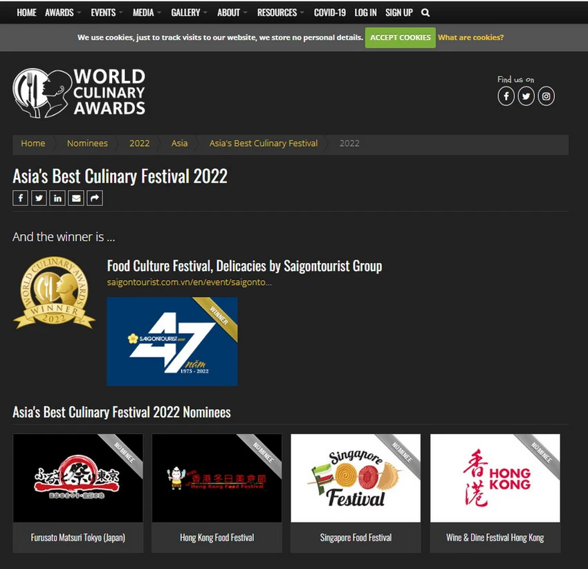 Thông tin về giải thưởng đã được đăng tải trên website chính thức của World Culinary Awards Thông tin về giải thưởng đã được đăng tải trên website chính thức của World Culinary Awards