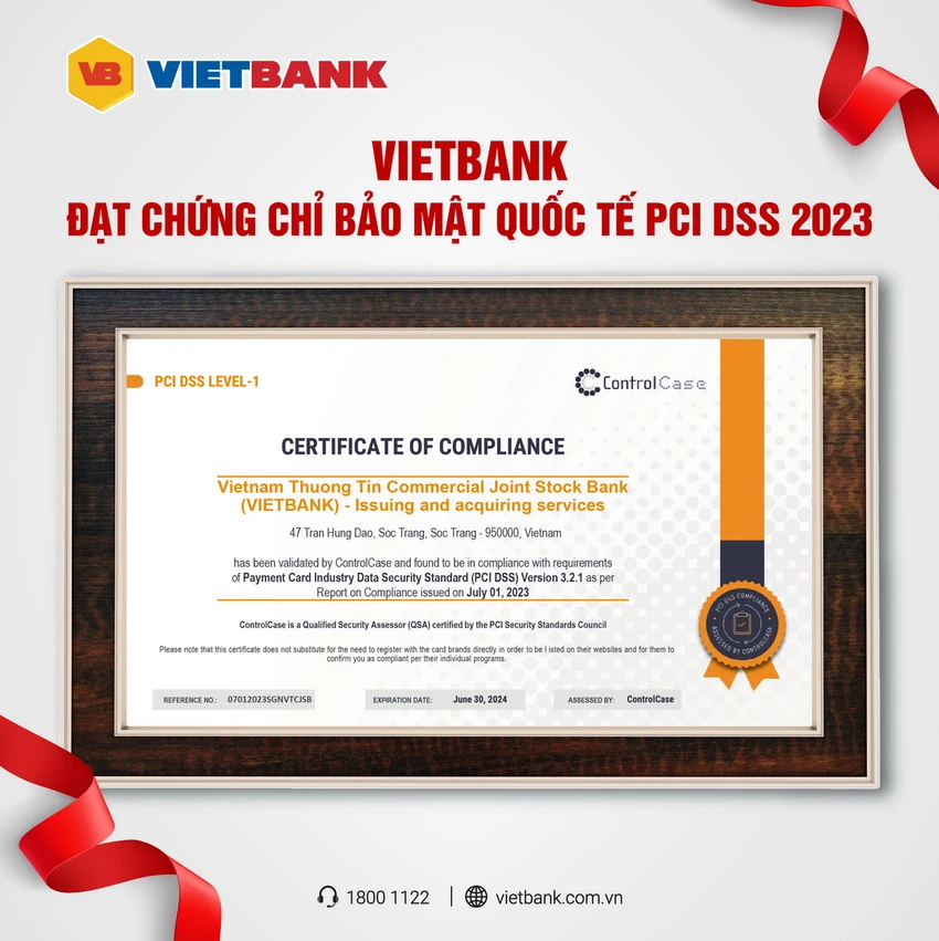 Vietbank đạt chứng chỉ bảo mật quốc tế PCI DSS năm 2023.