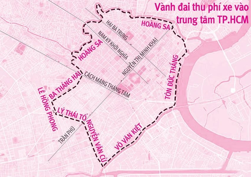 Vành đai thu phí ô tô vào trung tâm TP theo đề xuất trước đây. Đồ họa: THÙY TRANG Vành đai thu phí ô tô vào trung tâm TP theo đề xuất trước đây. Đồ họa: THÙY TRANG