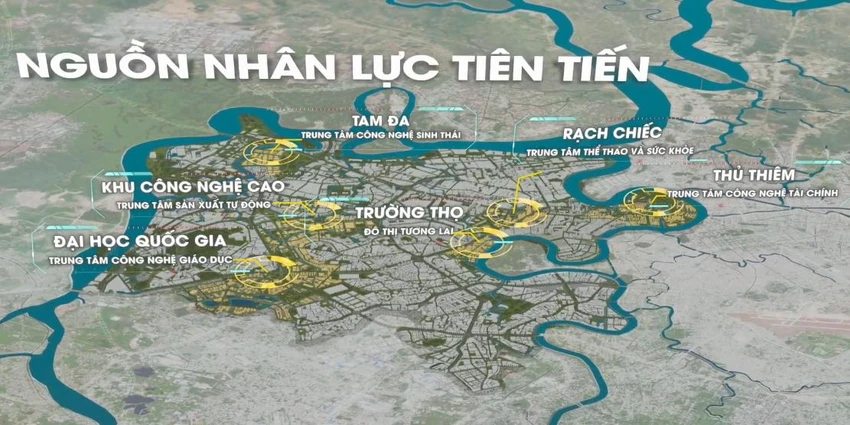 TP Thủ Đức với các khu: khu công nghệ cao, khu Tam Đa (Trung tâm công nghệ sinh thái), Khu trung tâm thể thao và sức khỏe Rạch Chiếc, Khu đô thị tương lai Trường Thọ, khu Đại học Quốc gia, trung tâm công nghệ tài chính Thủ Thiêm.