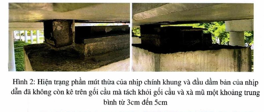 Cận cảnh phần mút thừa của nhịp chính khung và đầu dầm bản của nhịp dẫn đã không còn kê trên gối cầu mà tách khỏi gối cầu và xà mũ một khoảng trung bình 3-5 cm. Cận cảnh phần mút thừa của nhịp chính khung và đầu dầm bản của nhịp dẫn đã không còn kê trên gối cầu mà tách khỏi gối cầu và xà mũ một khoảng trung bình 3-5 cm.