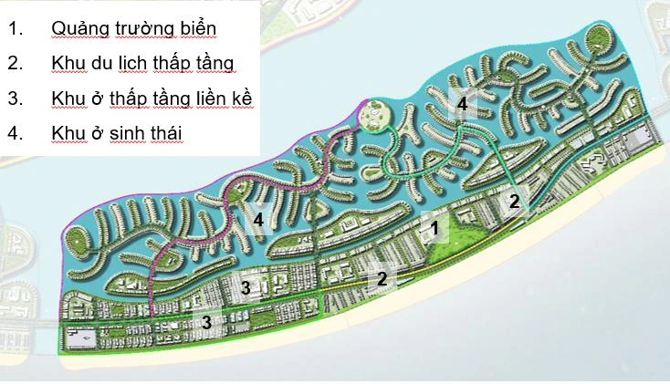 Khu D thay vì chia không gian trục tuyến lưới ô bàn cờ như trước đây, phương án điều chỉnh đã vận dụng giao thông một cách mềm mại vào từng đơn vị ở. Các lớp không gian đô thị chuyển từ động sang tĩnh từ phía biển vào phía mặt nước trung tâm cảnh quan khi bố trí phía ngoài quảng trường biển gắn với các khu du lịch, nhà phố thương mại và phía trong khai thác ở sinh thái mật độ thấp. Khu D thay vì chia không gian trục tuyến lưới ô bàn cờ như trước đây, phương án điều chỉnh đã vận dụng giao thông một cách mềm mại vào từng đơn vị ở. Các lớp không gian đô thị chuyển từ động sang tĩnh từ phía biển vào phía mặt nước trung tâm cảnh quan khi bố trí phía ngoài quảng trường biển gắn với các khu du lịch, nhà phố thương mại và phía trong khai thác ở sinh thái mật độ thấp.