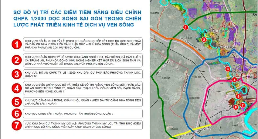 Theo đó, Sở QH-KT TP đề xuất 7 khu vực có tiềm năng khai thác và phát triển kinh tế dọc hai bên bờ sông Sài Gòn có tổng quy mô 2.289 ha. Theo đó, Sở QH-KT TP đề xuất 7 khu vực có tiềm năng khai thác và phát triển kinh tế dọc hai bên bờ sông Sài Gòn có tổng quy mô 2.289 ha.