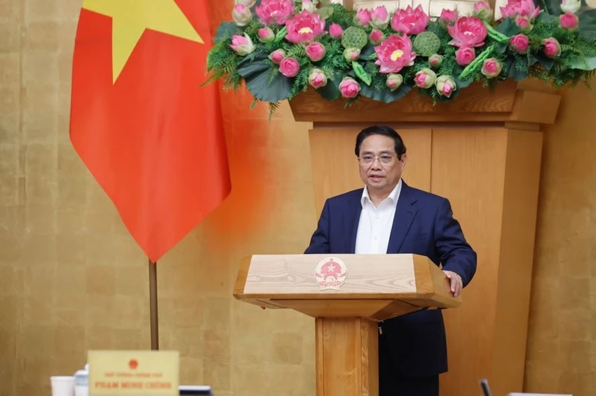 Thủ tướng Phạm Minh Chính chủ trì Phiên họp Chính phủ chuyên đề về xây dựng pháp luật tháng 5. Ảnh: VGP