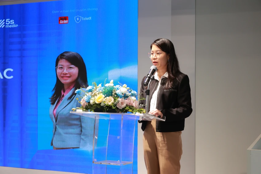 Phát biểu tại hội thảo, bà Nguyễn Thị Lệ Quyên - Phụ trách Ban hỗ trợ Doanh nghiệp, Trung tâm Đổi mới Sáng tạo Quốc gia (NIC).JPG