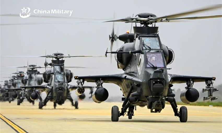Máy bay trực thăng tấn công WZ-10 Trung Quốc tập trận vào ngày 10-5-2022. Ảnh: CHINA MILITARY Máy bay trực thăng tấn công WZ-10 Trung Quốc tập trận vào ngày 10-5-2022. Ảnh: CHINA MILITARY