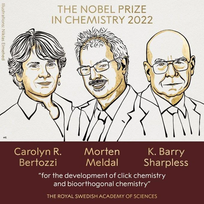 3 nhà khoa học được giải Nobel Hóa học 2022. Ảnh: NOBEL PRIZE 3 nhà khoa học được giải Nobel Hóa học 2022. Ảnh: NOBEL PRIZE