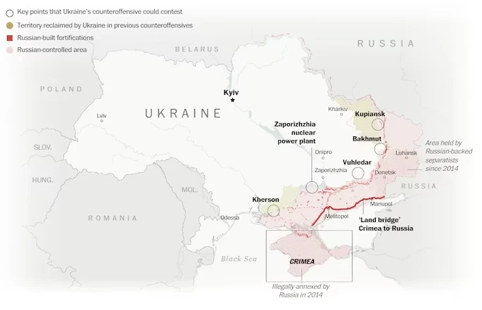 Những khu vực chính trên đường phản công của Ukraine, trong đó giới quan sát cho rằng nhiều khả năng là Ukraine tập trung tổng lực ở Zaporizhzhia. Nguồn: TWP/The Washington Post. Những khu vực chính trên đường phản công của Ukraine, trong đó giới quan sát cho rằng nhiều khả năng là Ukraine tập trung tổng lực ở Zaporizhzhia. Nguồn: TWP/The Washington Post.