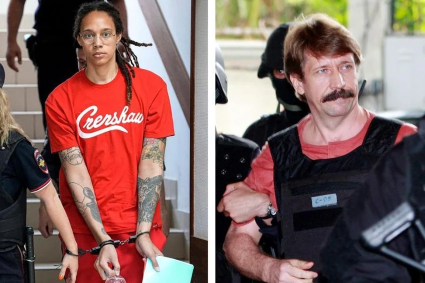 "Lái buôn tử thần" Viktor Bout (phải) được trao đổi với ngôi sao bóng rổ Mỹ Brittney Griner (trái). Ảnh: SUNDAY TIMES