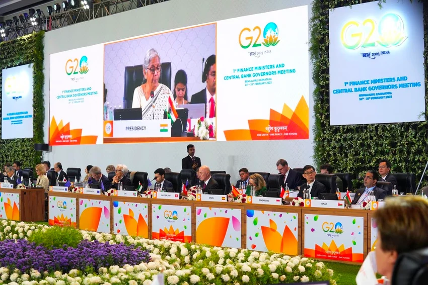 Phiên họp Bộ trưởng Tài chính G20 diễn ra tại thành phố Bengaluru (bang Karnataka, Ấn Độ) ngày 25-2. Ảnh: REUTERS Phiên họp Bộ trưởng Tài chính G20 diễn ra tại thành phố Bengaluru (bang Karnataka, Ấn Độ) ngày 25-2. Ảnh: REUTERS