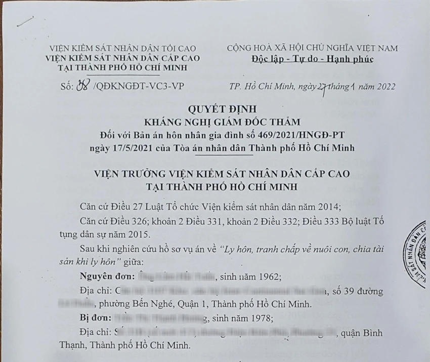 Đầu năm 2022, VKSND Cấp cao tại TP.HCM kháng nghị giám đốc thẩm bản án phúc thẩm, đề nghị hủy một phần hai bản án trước đó về phần con chung và chia tài sản chung. Ảnh: ĐL Đầu năm 2022, VKSND Cấp cao tại TP.HCM kháng nghị giám đốc thẩm bản án phúc thẩm, đề nghị hủy một phần hai bản án trước đó về phần con chung và chia tài sản chung. Ảnh: ĐL