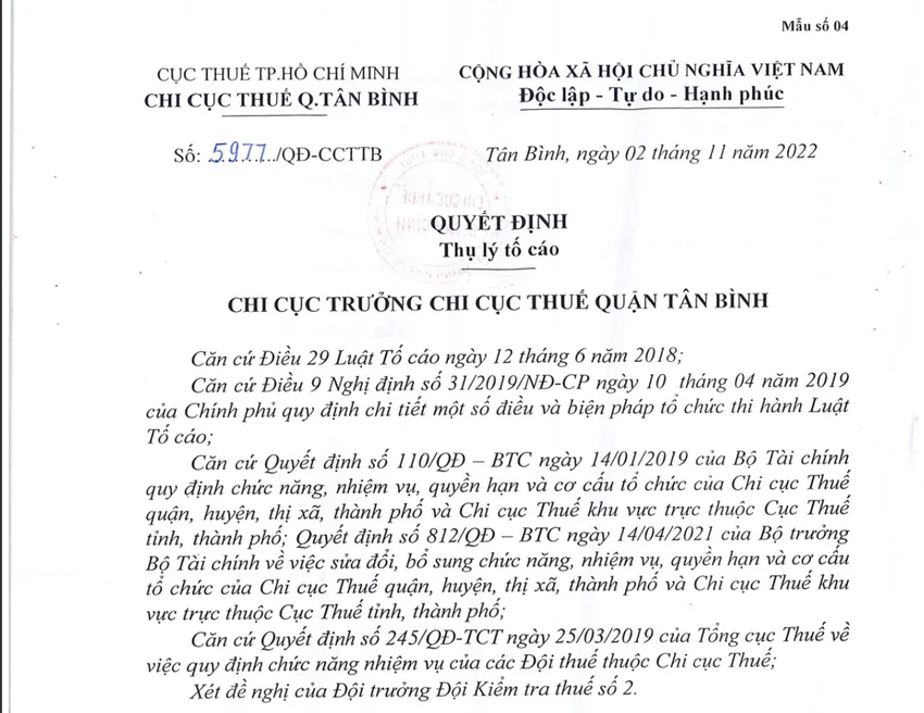 Chi cục thuế quận Tân Bình đã ra quyết định thụ lý đơn tố cáo. Ảnh: HĐ Chi cục thuế quận Tân Bình đã ra quyết định thụ lý đơn tố cáo. Ảnh: HĐ