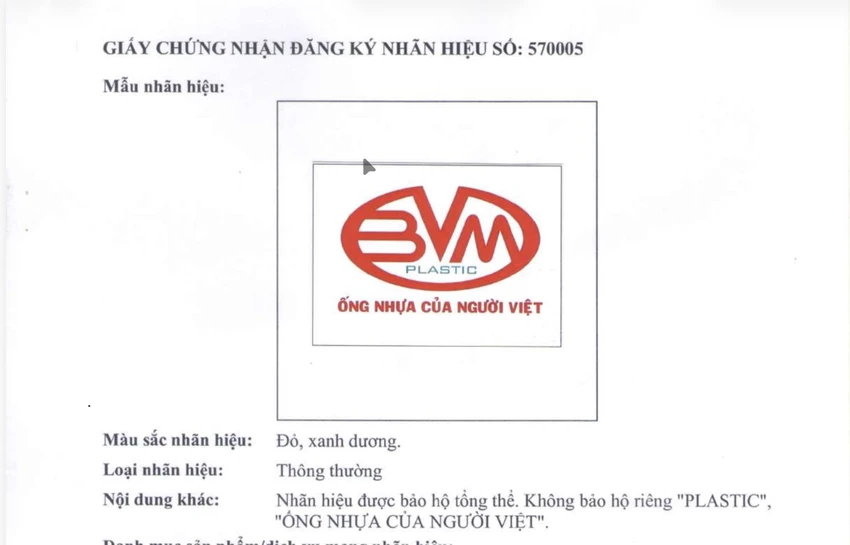 Công ty nhựa Bình Minh Việt đã được cấp giấy chứng nhận đăng ký nhãn hiệu