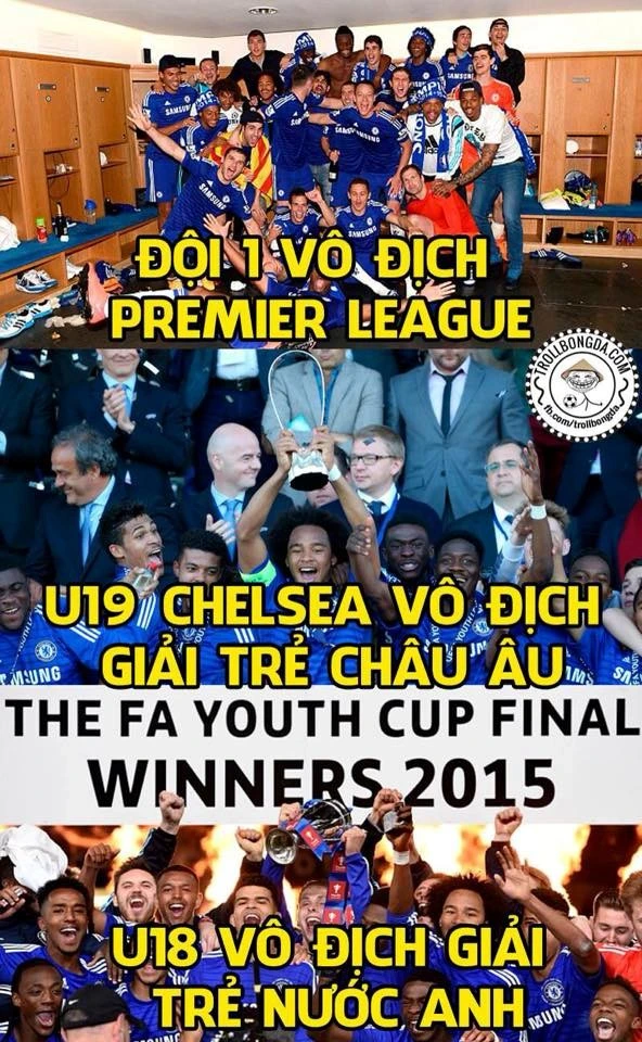 Chelsea trải qua một mùa giải bội thu. Trước khi đội 1 vô địch Premier League, U18 Chelsea đánh bại U18 Man City để đoạt FA Youth Cup.Trong trận chung kết UEFA Youth League ngày 13/4, đội U19 Chelsea hạ Shakhtar Donetsk 3-2 để lên ngôi vô địch. Ảnh vui Mourinho giúp Chelsea vô địch nhờ lối đá thực dụng