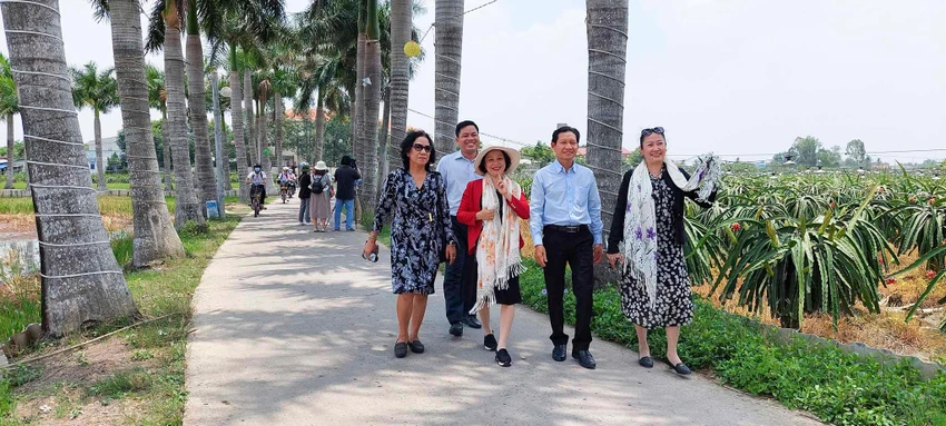 Con đường hạnh phúc với hàng cau xanh mát thu hút rất nhiều khách đến tham quan Con đường hạnh phúc với hàng cau xanh mát thu hút rất nhiều khách đến tham quan