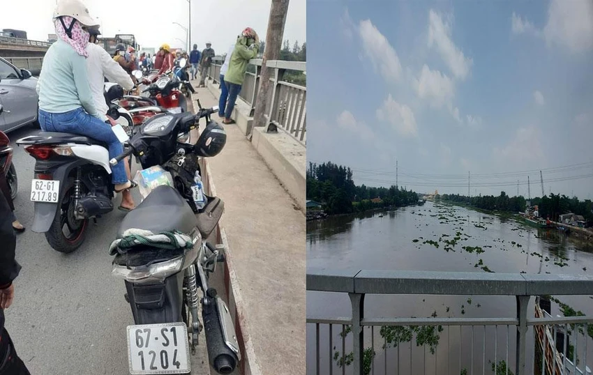 Hiện trường nơi nam thanh niên bỏ lại xe máy nhảy xuống sông Vàm Cỏ Đông. Ảnh: Lê Duy Hiện trường nơi nam thanh niên bỏ lại xe máy nhảy xuống sông Vàm Cỏ Đông. Ảnh: Lê Duy