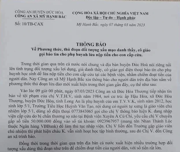 Công an địa phương các xã trên địa bàn huyện Đức Hòa thông báo đến người dân về trường hợp lừa đảo gọi điện nói con đang cấp cứu. Ảnh: CACC Công an địa phương các xã trên địa bàn huyện Đức Hòa thông báo đến người dân về trường hợp lừa đảo gọi điện nói con đang cấp cứu. Ảnh: CACC