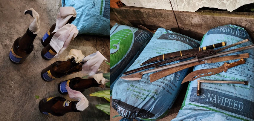 Bảy chai nghi là bom xăng và hung khí do nhóm thanh thiếu niên mang theo bị thu giữ. Ảnh: CA Bảy chai nghi là bom xăng và hung khí do nhóm thanh thiếu niên mang theo bị thu giữ. Ảnh: CA