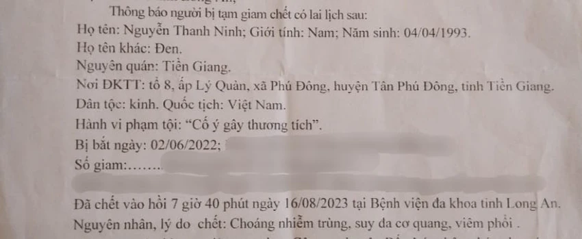 Thông báo của Công an huyện Bến Lức gửi đến anh Lại Trần Nhất Tâm. Ảnh: NVCC