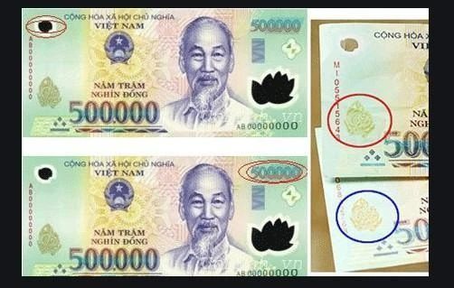 Tiền giả có mực in nhòe, mờ, cửa sổ lớn và nhỏ bị làm giả bằng cách khoét thủng và dán nilon mỏng lên hai mặt, nếu để ý sẽ dễ dàng nhận biết. Ảnh: CA quận Tân Phú