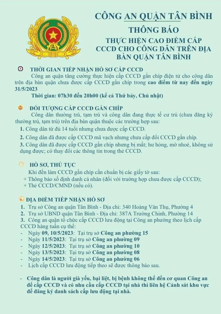 Công an quận Tân Bình thông báo thực hiện cao điểm cấp CCCD. Ảnh: Công an quận Tân Bình Công an quận Tân Bình thông báo thực hiện cao điểm cấp CCCD. Ảnh: Công an quận Tân Bình