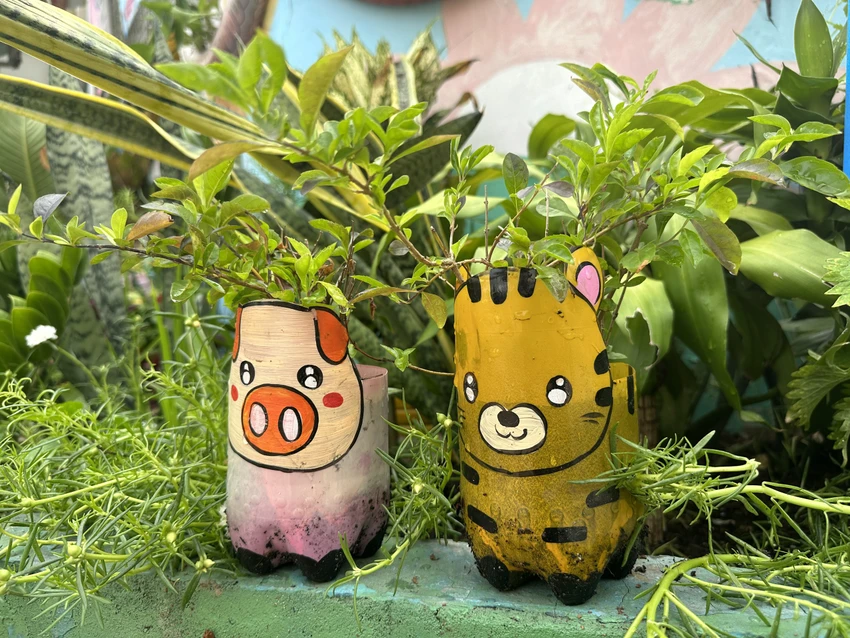 Chai nhựa được trang trí đẹp mắt. Ảnh: HUỲNH THƠ Chai nhựa được trang trí đẹp mắt. Ảnh: HUỲNH THƠ