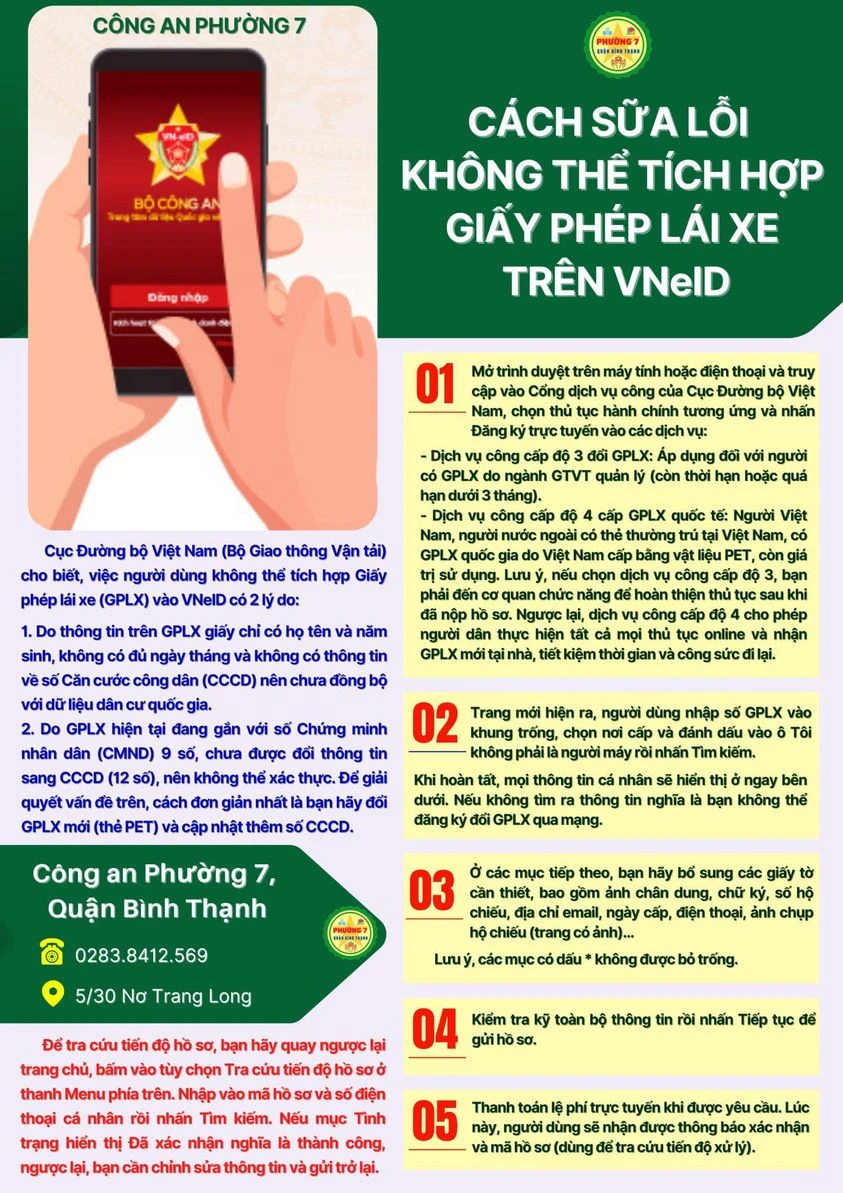 Cách khắc phục lỗi không thể tích hợp giấy phép lái xe vào ví giấy tờ điện tử trên VNeID. Ảnh: Công an phường 7, quận Bình Thạnh. Cách khắc phục lỗi không thể tích hợp giấy phép lái xe vào ví giấy tờ điện tử trên VNeID. Ảnh: Công an phường 7, quận Bình Thạnh.