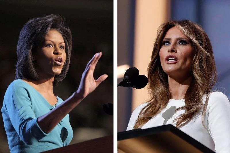 Vợ Donald Trump đạo văn Đệ nhất phu nhân Michelle Obama ảnh 1 Bà Michelle Obama phát biểu tại đại hội đảng Dân chủ năm 2008 (trái) và bà Milenia Trump phát biểu tại đại hội đảng Cộng hòa ngày 18-7.