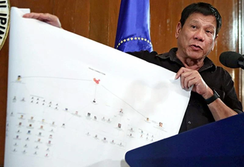 Tổng thống Philippines Duterte mô tả mạng lưới các đường dây ma túy và các cá nhân điều hành các đường dây này trên truyền hình ngày 7-8.