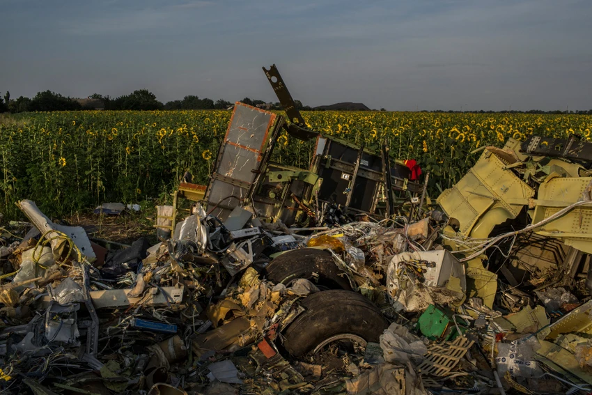 Hiện trường xác chiếc máy bay MH17 rơi trên một cánh đồng hoa ở Petropavlovka (Ukraine) tháng 7-2014. 