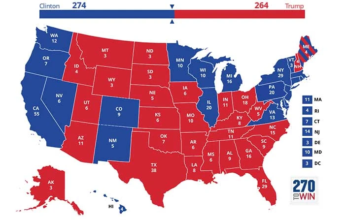 Bản đồ dự báo bà Clinton thắng 274 phiếu đại cử tri.