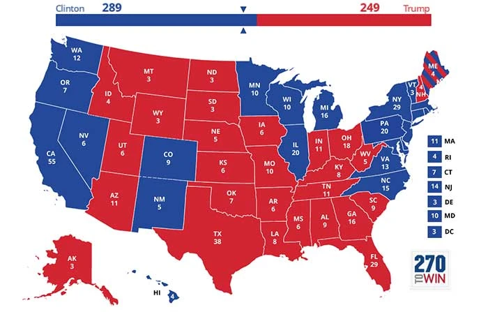 Bản đồ dự báo bà Clinton thắng 289 phiếu đại cử tri