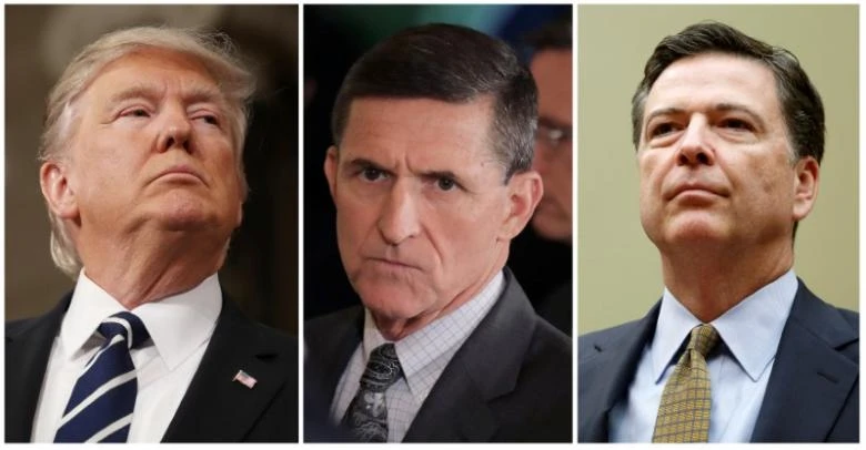 Tổng thống Trump (trái) từng yêu cầu Giám đốc FBI James Comey (phải) ngưng điều tra quan hệ giữa Cố vấn An ninh Quốc gia Michael Flynn (giữa) với Nga. Ảnh: REUTERS