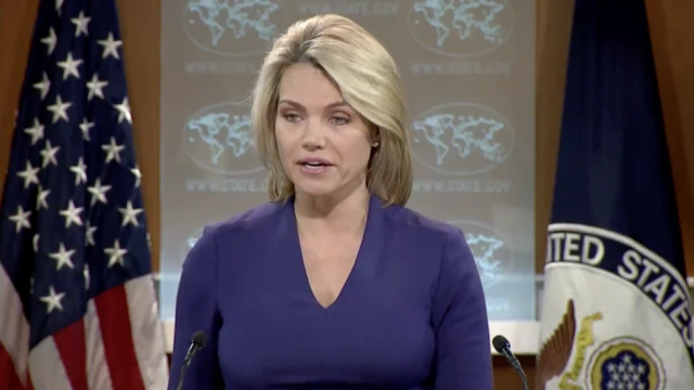 Người phát ngôn Bộ Ngoại giao Mỹ Heather Nauert từ chối nhận câu hỏi từ các nhà báo Nga trong cuộc họp báo ngày 1-3. Ảnh: THE HILL