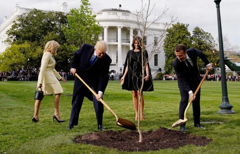 Vợ chồng Tổng thống Mỹ Donald Trump và vợ chồng Tổng thống Pháp Emmanuel Macron trồng cây trong vườn Nhà Trắng ngày 23-4. Ảnh: NEW YORK TIMES