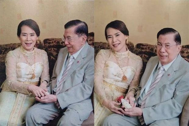 Vợ chồng cựu Thủ tướng Thái Lan Chavalit Yongchaiyudh trong bức ảnh cưới được chia sẻ trên mạng xã hội ngày 10-7. Ảnh: FACEBOOK