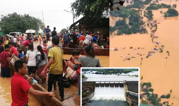 Người dân phải sơ tán sau khi một đập phụ thuộc dự án thủy điện Xi-Pian Xe-Namnoy ở Lào vỡ tối 23-7. Ảnh: EXPRESS